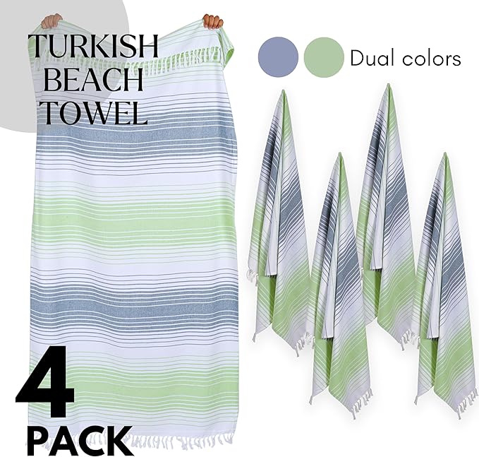 Native Fab Oversized Beach Towel, 4 Pack, 40x71 inches 100% Cotton Turkish Peshtemal for Adults,Soft & Absorbent, Extra Large Beach Towel for Hammam Spa Beach Blanket Bath, Cabana Strips, Green White