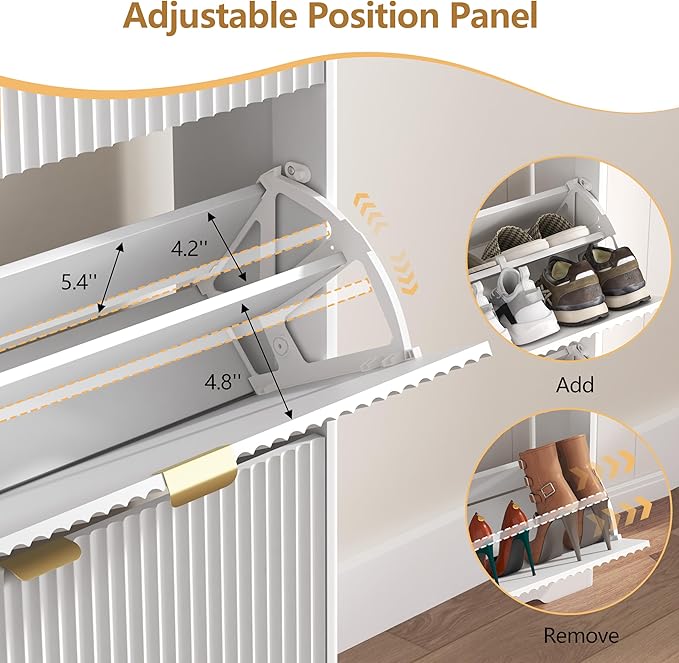 Shoe Cabinet Storage for Entryway with 3 Flip Drawers, White Fluted Shoe Cabinet with Adjustable Shelves, Wooden Hidden Shoe Rack Freestanding Narrow Slim Shoes Storage for Hallway, Entrance