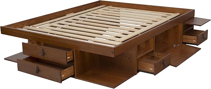 memomad Bali Slim Set: Storage Platform Bed with Drawers + Flat Panel Headboard (Queen Size, Caramel Brown Wood)