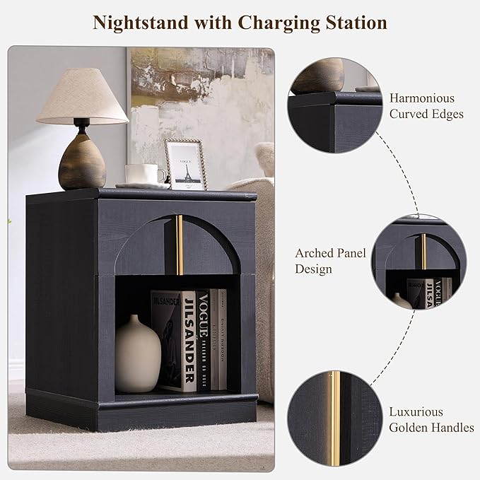 ACCOHOHO Modern Night Stand Set 2 with Arched Panel,18" Wooden nightstand with Charging Station,Bedside Table with Drawer Storage,Side End Table with Open Shelf for Bedroom,Living Room,Black