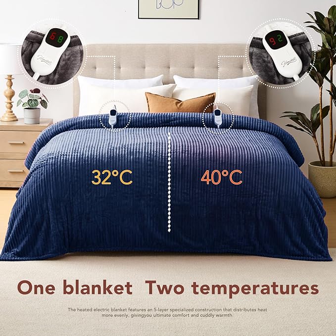 Homemate Electric Blanket Queen Size - 84"x90" Heated Blanket Queen Size 1/2/4/6/8 Hours Auto-Off 10 Heat Levels Over-Heat Protection Soft Flannel Sherpa ETL Certification