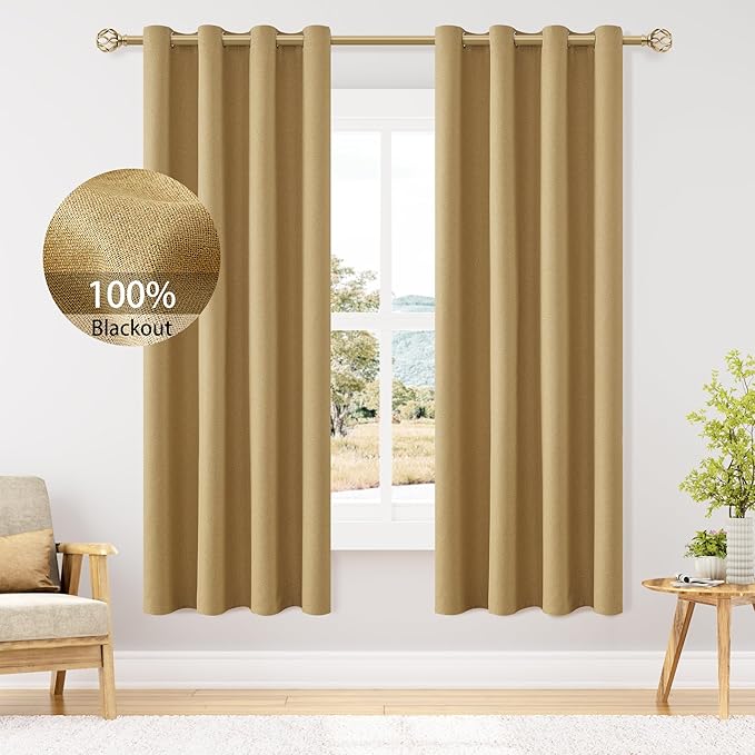 ChrisDowa 100% Blackout Mustard Yellow Solid Curtains 72 Inches Long 2 Panels for Bedroom Living Room,Farmhouse Room Darkening Thermal Insulated Soundproof Grommet Top Window Treatment Drapes,52x72