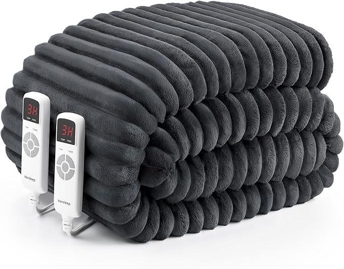 Hansleep Heated Blanket King Size Electric Throw Dual Control, Heating Blanket with 9 Heating Levels and 10-Hour Timer Auto Shut Off, Washable Soft Warm Winter Blanket, 90 x 100 Inches, Dark Grey