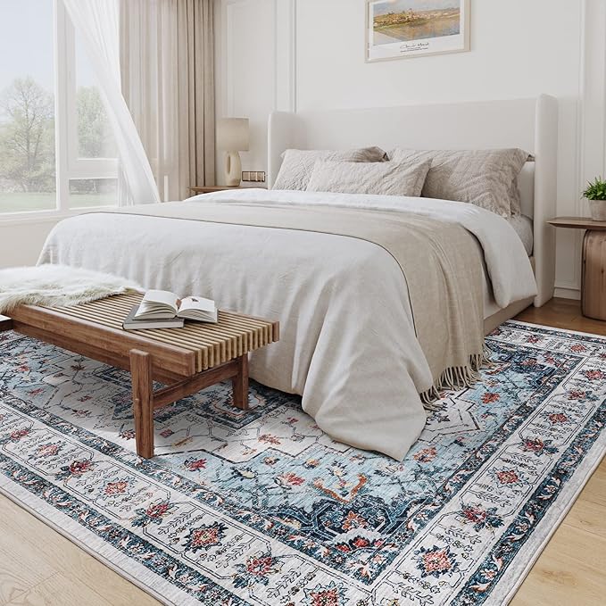zesthome 6x9 Area Rugs, Machine Washable Rugs for Living Room, Bedroom,Stain Resistant Vintage Large Area Rug,Non-Slip Medallion Pattern Home Decor Rugs (Blue,6'x9')