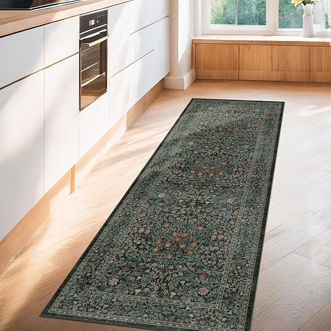 Washable Dark Green 2x10 Runner Rug for Hallway, Kitchen, 10 ft Non Slip Stain Resistant Extra Long Soft Rugs, Vintage Floral Unique Botanical Floor Mat