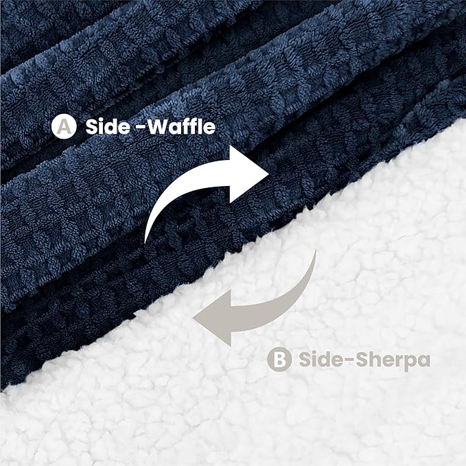 Heated Blanket Electric Blanket Twin Waffle, 62x84 Inches Sherpa Fleece Fast Heating Blanket 6 Heating Levels & 10 Hours Auto Off ETL Certification, Navy Twin