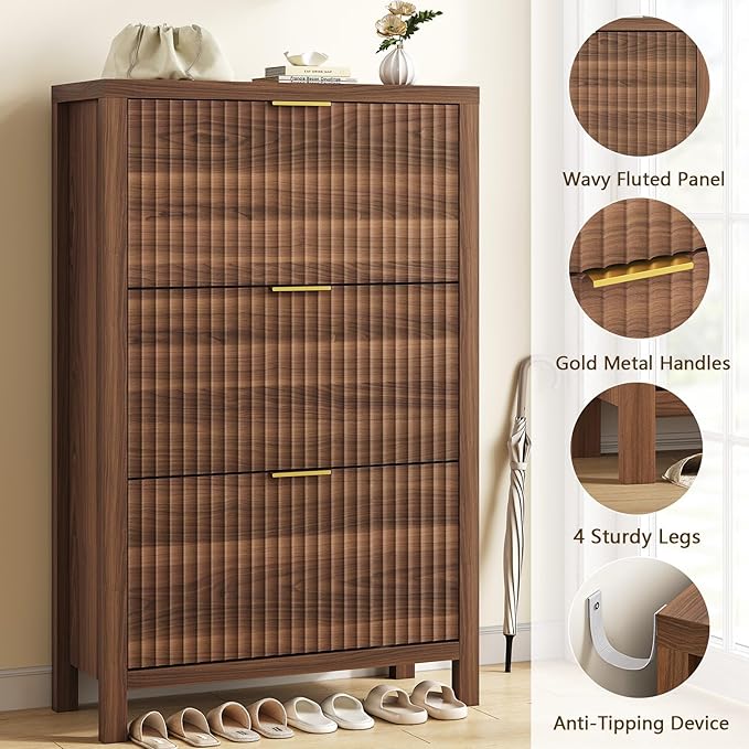 Shoe Cabinet Storage for Entryway, Fluted Shoe Cabinet with 3 Flip Drawers, Hidden Shoe Rack Tall Freestanding Shoe Organizer with Legs for Hallway, Walnut