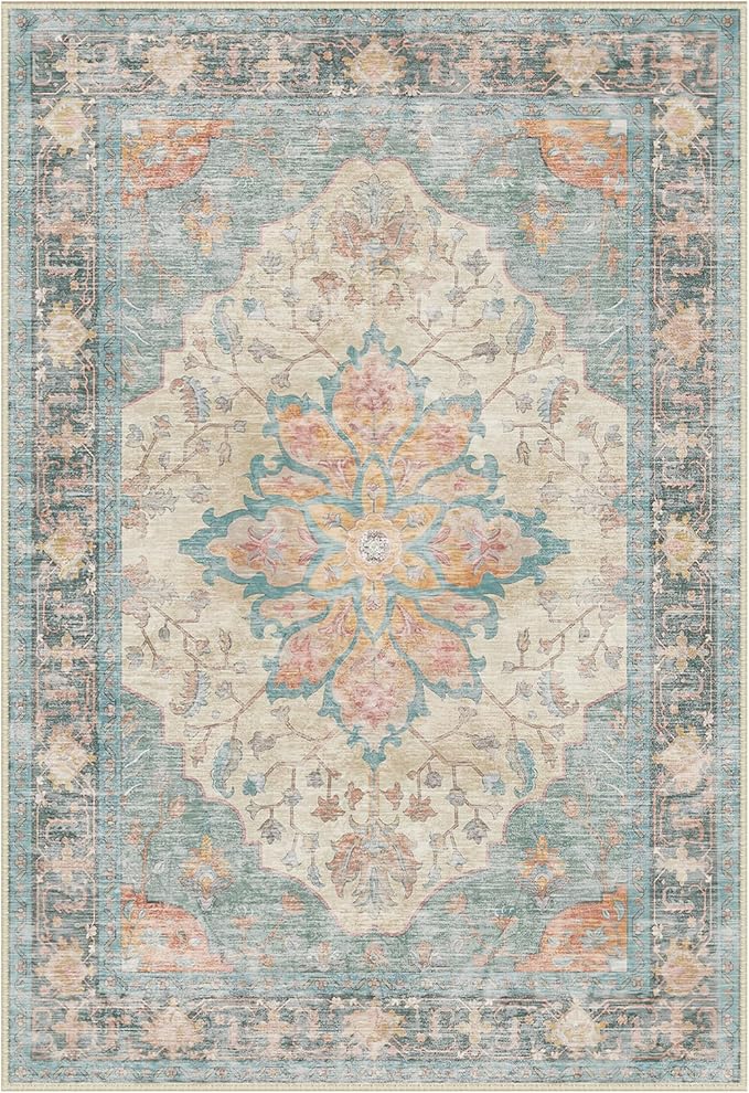 Area Rugs 2'x6' Washable Non-Slip, Floral Vintage Distress Print Pattern Medallion Carpet for Living Room Bedroom Dining Room, Blue Orange Red