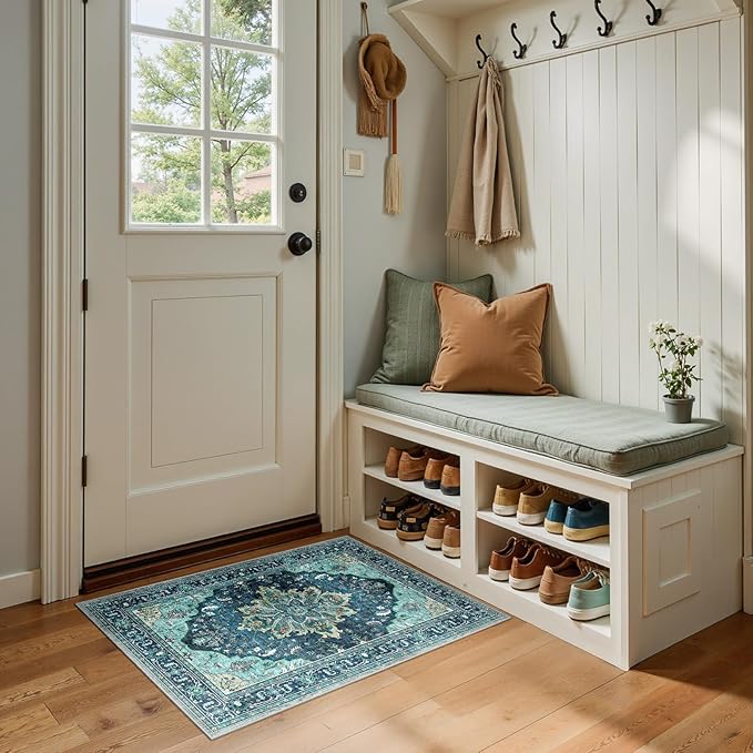 Area Rugs 2'x3' Washable Non-Slip, Floral Vintage Distress Print Pattern Medallion Carpet for Living Room Bedroom Dining Room, Teal Green Lake Blue Turquoise
