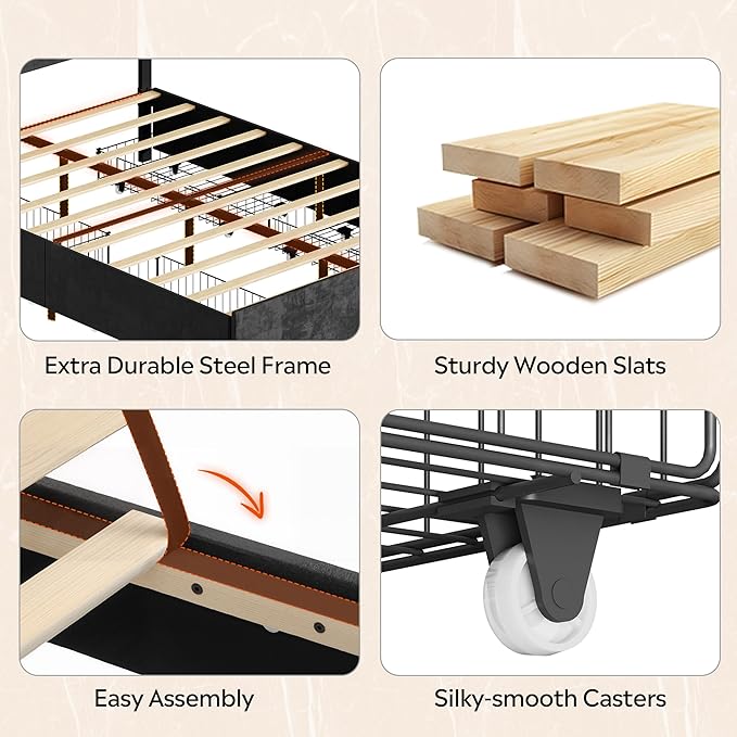WLIVE Full Size Upholstered Bed Frame with 4 Storage Drawers and Headboard, Velvet Platform Bedframe, Sturdy Metal & Wooden Slats Support, No Box Spring Needed, Easy Assembly, Black
