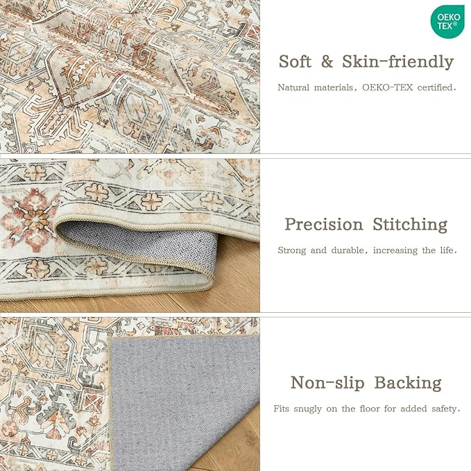 zesthome 9x12 Area Rugs-Washable Rug for Living Room, Non-Slip Backing Rugs, Stain Resistant Rug for Bedroom, Ultra-Thin Low Pile Rugs, Vintage Large Home Decor