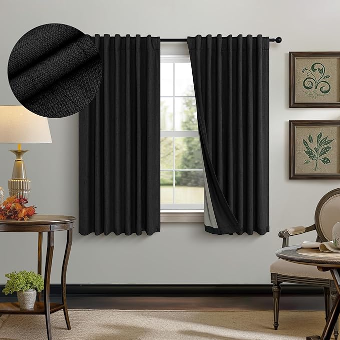 Pitalk 54 Inch Blackout Curtains Length 2 Panels Set Back Tab Pocket Room Darkening Insulating Thermal Short Sunblock Solar Soundproof Black Dark Out Curtains for Bedroom Nursery Man Cave 52x54 Long