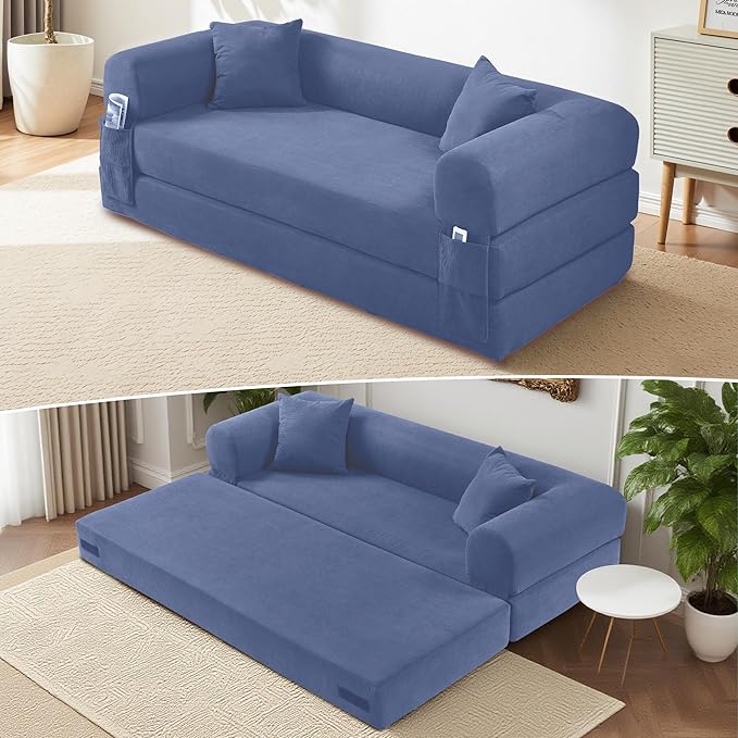 80" Convertible Sofa Bed, Corduroy Deep Seat Folding Pull Out Couch with Pillows, No Assembly Modern Boneless Couch Compression Sofa in Box, Floor Sofa with Storage Pocket,Dark Smog Blue