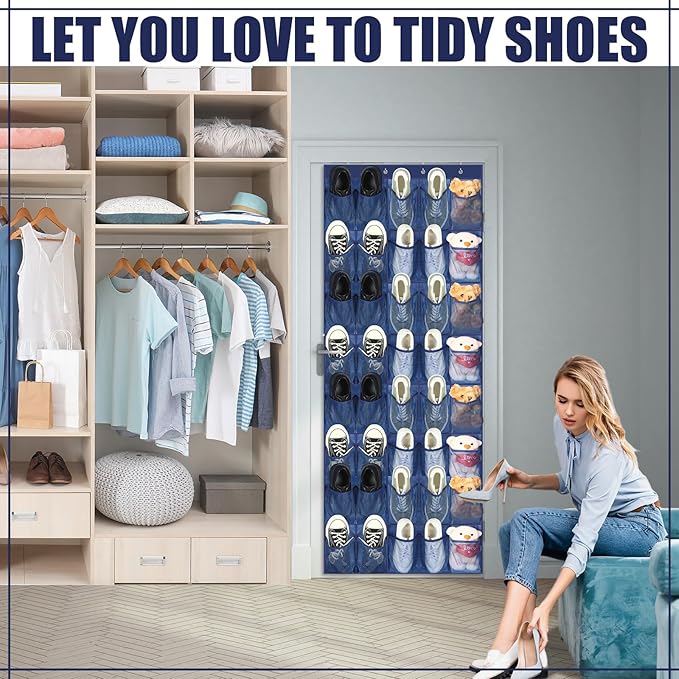 Windyun 40 Large Over the Door Hanging Shoe Organizer Navy Blue Mesh Pockets Shoe Rack for Closet Behind Door Hanger Storage Holder Nonslip for Cruise Essentials, Dorm Room Storage, Utility Room