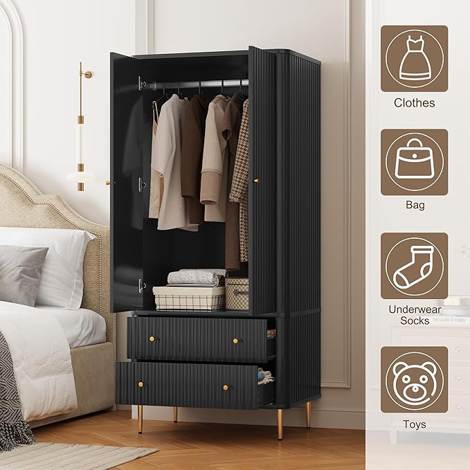 HLR 72" Modern Armoire Wardrobe Closet with Doors and Drawers, Bedroom Armoire Cabinet with Hanging Rod, Wooden Clothing Storage Cabinet Set of 2,Black