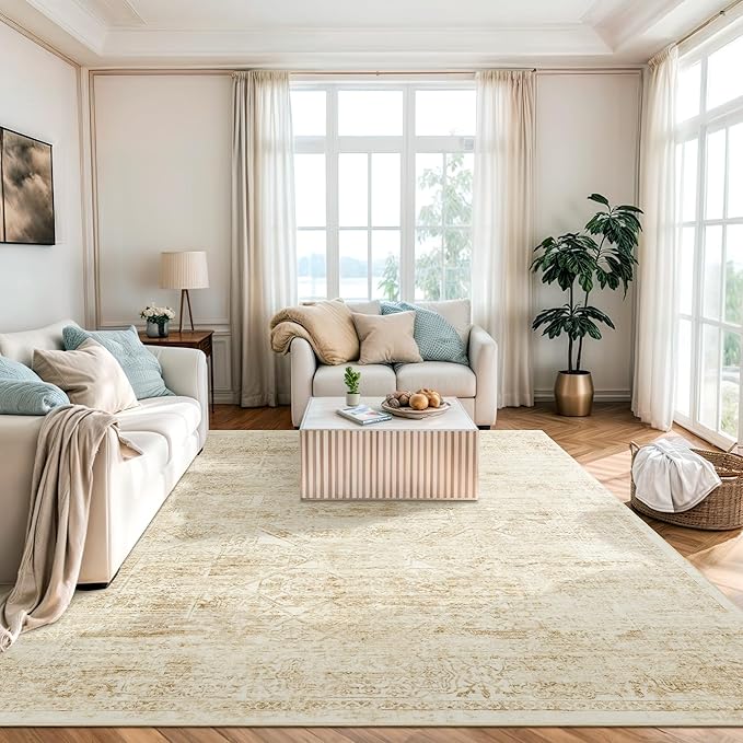 6x9 Area Rug for Living Room Floral Washable Non-Slip Modern Rugs for Bedroom Dinning Room Ultra-Thin Indoor Beige