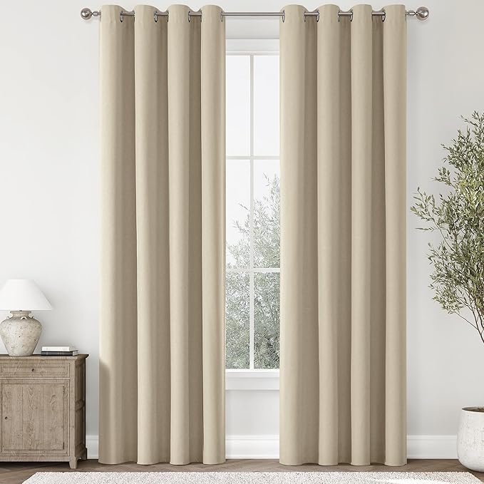 ChrisDowa 100% Blackout Natural Solid Curtains 84 Inches Long 2 Panels for Bedroom Living Room,Farmhouse Room Darkening Thermal Insulated Soundproof Grommet Top Window Treatment Drapes,52x84