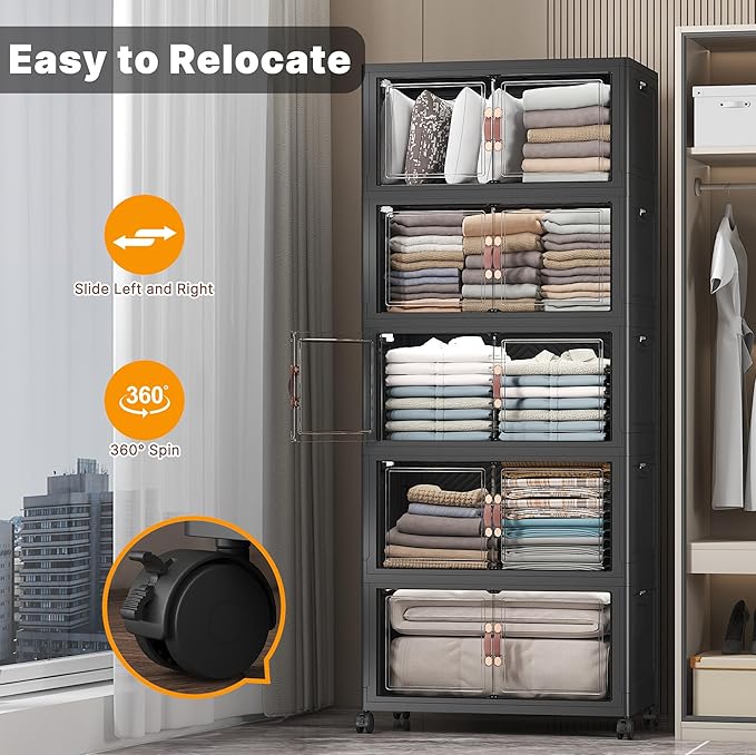 Extra Large Stackable Storage Bins with Lids & Wheels & Door, 560QT-112QT/28GAL*5Pack Foldable Collapsible Closet Organizers, Plastic containers drawers for bedroom Dorm