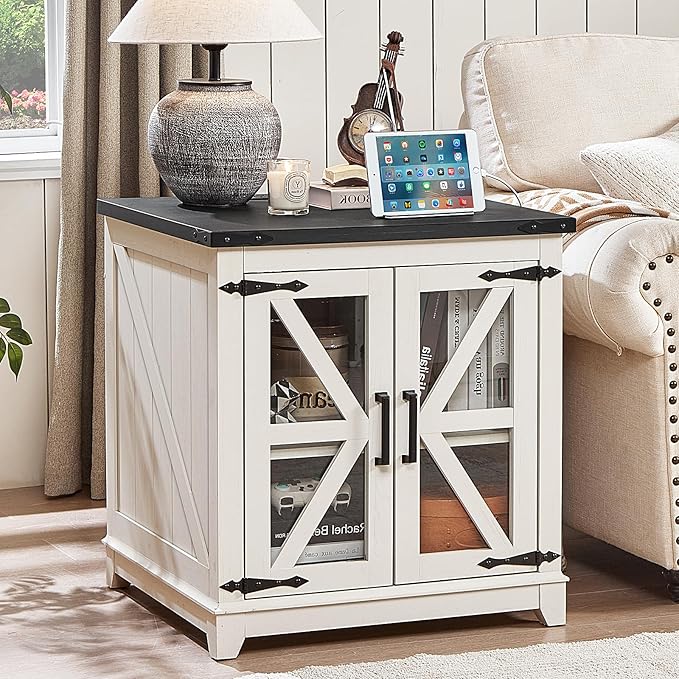 Farmhouse End Table Set 3, Narrow 18'' Night Stand with Glass Barn Door, 24" Square Side Table with Charger Station, Living Room Furniture Sets, Wood Nightstand Bedside Tables for Bedroom
