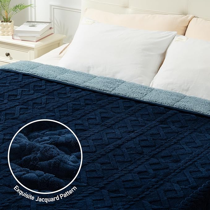 Wemore Weighted Blanket for Adults Twin Size 20 lbs, Dual Sided Soft Fuzzy Jacquard Sherpa Weighted Blankets for Sleeping, Cozy Fluffy Knitted Heavy Blanket for Couch Bed, Navy Blue, 60 x 80 inches