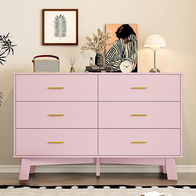 Dresser for Bedroom with 6-Drawer, 47.2" Modern Chest of Drawers with Metal Handles, X-Shape Base & Adjustable Center Leg, Anti-Tip Closet Organizers and Storage