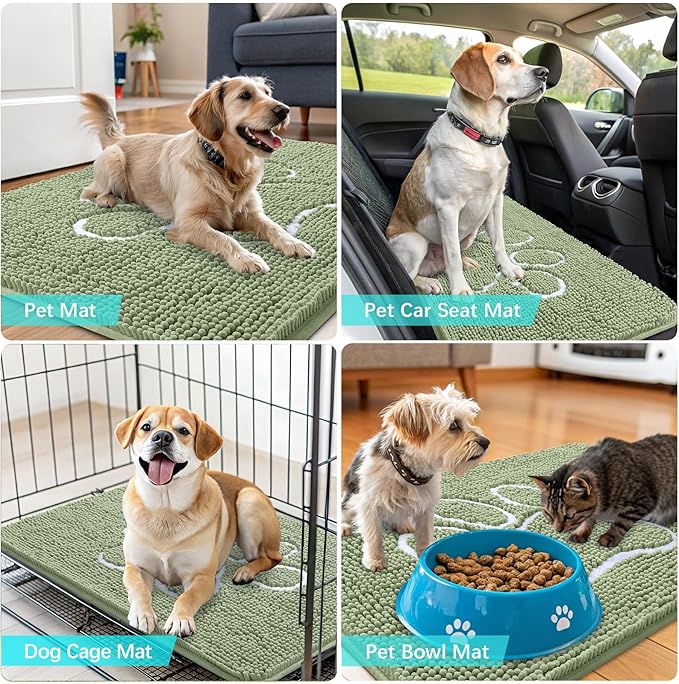 OLANLY Dog Door Mat for Muddy Paws 40x32, Paw Print Design, Absorbs Moisture and Dirt, Non-Slip Washable Doormat, Quick Dry Chenille Mud Mat for Dogs, Entry Indoor Entryway Carpet, Sage Green