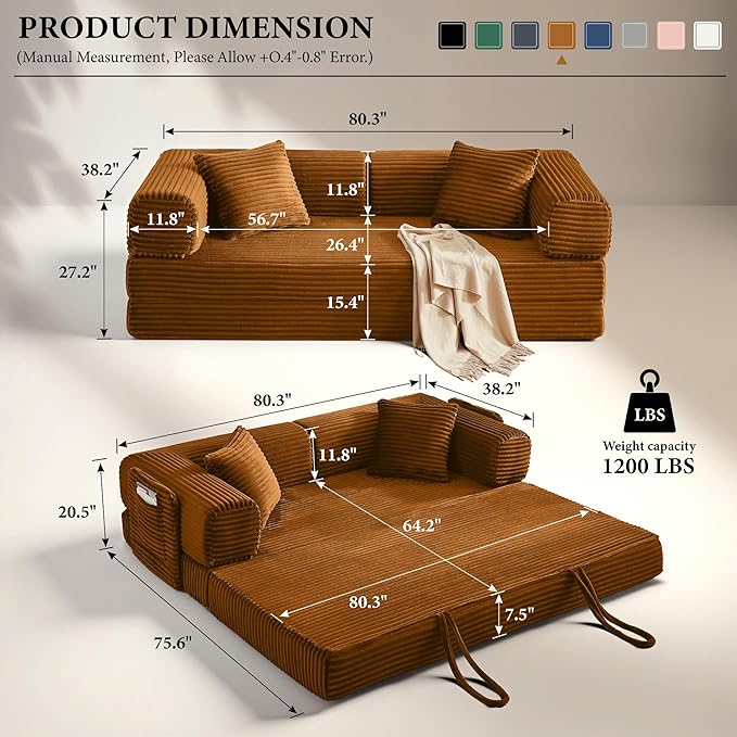 Boneless Couch Folding Couches for Living Room Sofa, Futon Sofa Bed with Sleeper Sofa, Futon Couch with Fixed-Shape Oversized Corduroy Upholstered (Orange, 81 Inches)