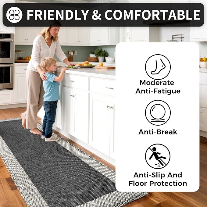 Kitchen Mats for Floor, Super Absorbent Kitchen Rugs Non Slip Washable, Soft Braided Kitchen Runner Rug, Standing Mat Kitchen Sink Mat, Easy to Clean, Black 17x30