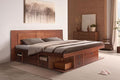 memomad Bali Slim Set: Storage Platform Bed with Drawers + Flat Panel Headboard (King Size, Caramel Brown Wood)