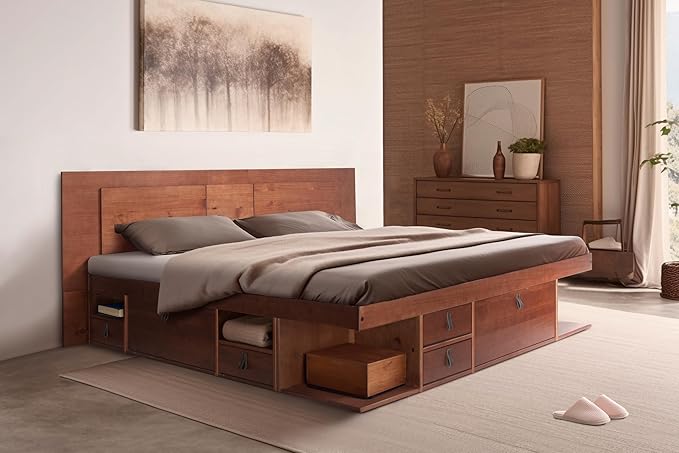 memomad Bali Slim Set: Storage Platform Bed with Drawers + Flat Panel Headboard (King Size, Caramel Brown Wood)