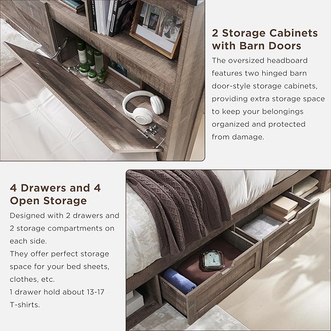 ACCOHOHO Farmhouse Queen Size Bed Frame with 52" High Storage Bookcase Headboard and 4 Drawers,Wooden Bed Frame with LED Light and Charging Station,Light Brown