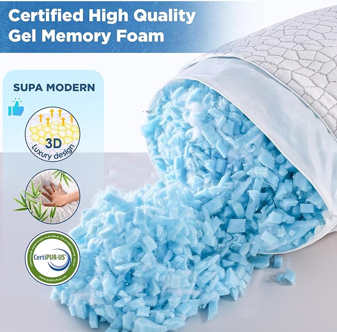 Cooling Bed Pillows for Sleeping 2 Pack Shredded Memory Foam Pillows Standard Size Set of 2, Adjustable Cool Pillow for Side Back Stomach Sleepers Luxury Gel Pillows with Washable Removable Cover