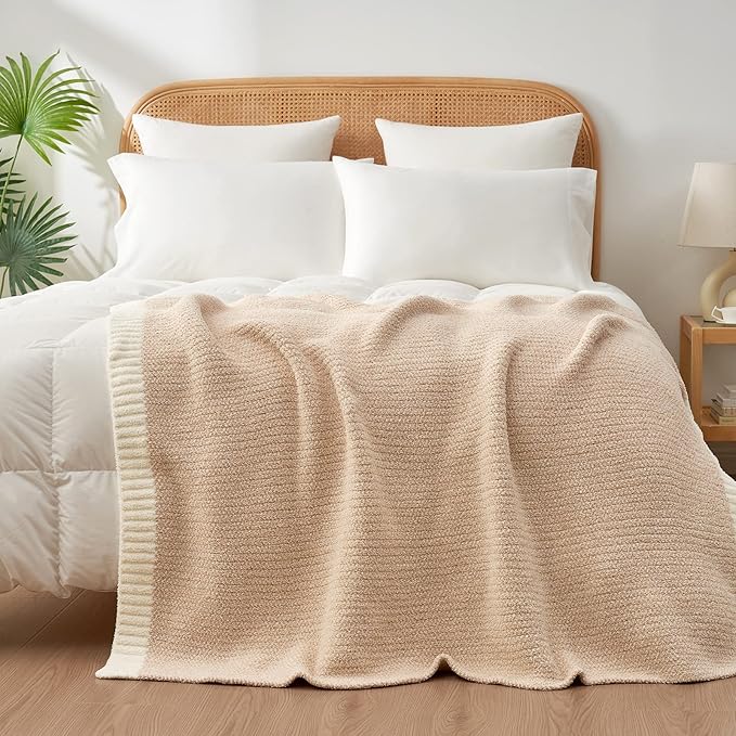 Snuggle Sac Twin Size Beige Blankets for Bed, Super Soft, Warm, Cozy Knit Fuzzy Plush Blankets Oversized for Sofa, Living Room, Heather Beige, 60"x80"