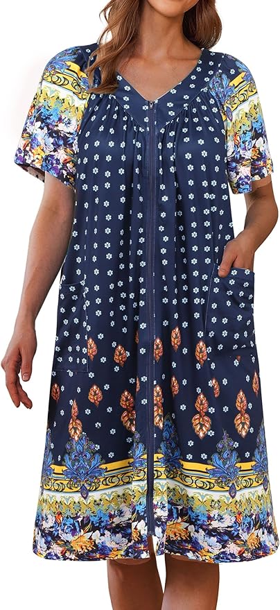 Ekouaer Women Robe Zipper Front Mumu Duster Robes Zip Up Housecoat Soft Sleepwear with Pockets S-3XL
