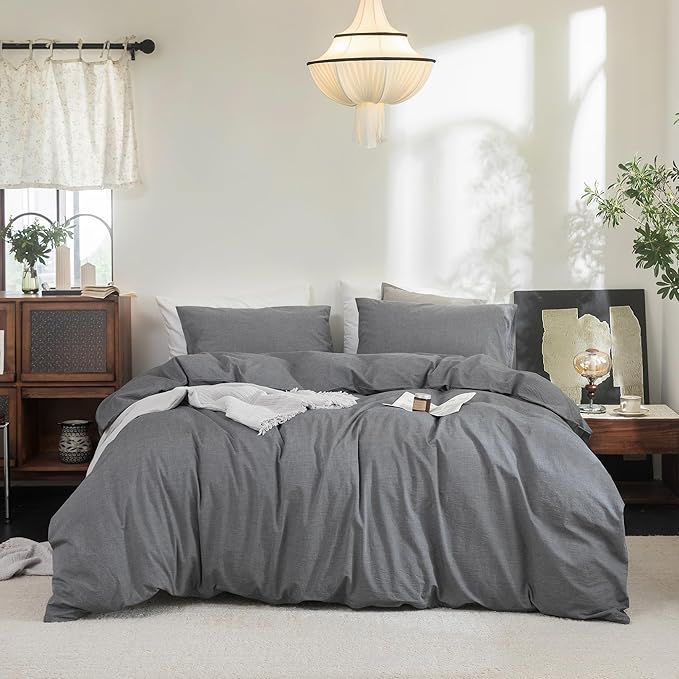 FOSSA Duvet Cover Set 100% Washed Cotton Linen Feel Super Soft Breathable Cozy 3 Pieces Bedding Sets Solid Dark Grey Super Queen