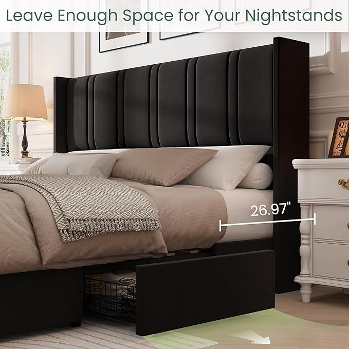 LARMACE Queen Size Bed Frame with 4 Storage Drawers and Wingback Headboard Velvet Upholstered Platform Bed Frame with Wooden Slats, Easy Assembly, Black