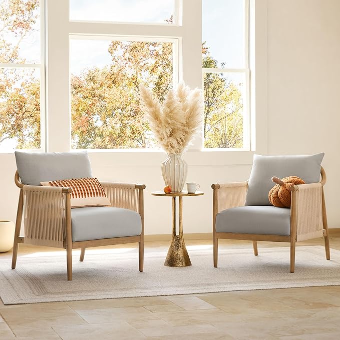 CHITA Braid Accent Chair, Modern Armchair with Solid Wooden Armrest for Living Room and Bedroom, Boho Reading Chair, Light Grey