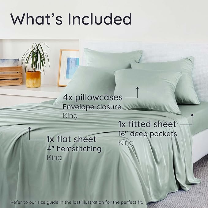Bambaw King Sheet Set 6pcs – 100% Viscose Derived from Bamboo Sheets King Size Deep Pocket, Fits Up to 16'' with Elastic Corner Straps, Soft Cooling Sheets for Hot Sleepers (Sea Glass)