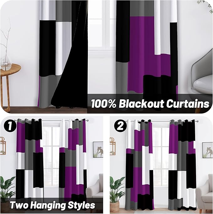 Purple 100% Blackout Curtains for Bedroom 72 inch Length 2 Panels Set Grey Modern Abstract Geometric Black Out Curtains Insulated Room Darkening Window Drapes for Living Room, 52Wx72L
