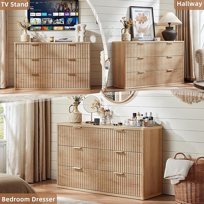 LEYAOYAO Fluted Dresser and 3 Drawers Nightstand Set of 2, Wood 48" Wide Dresser & 23" Night Stand with Charging Station, 3 Piece Bedroom Furniture Set, Chest of Drawers for Home,Living Room,Wood