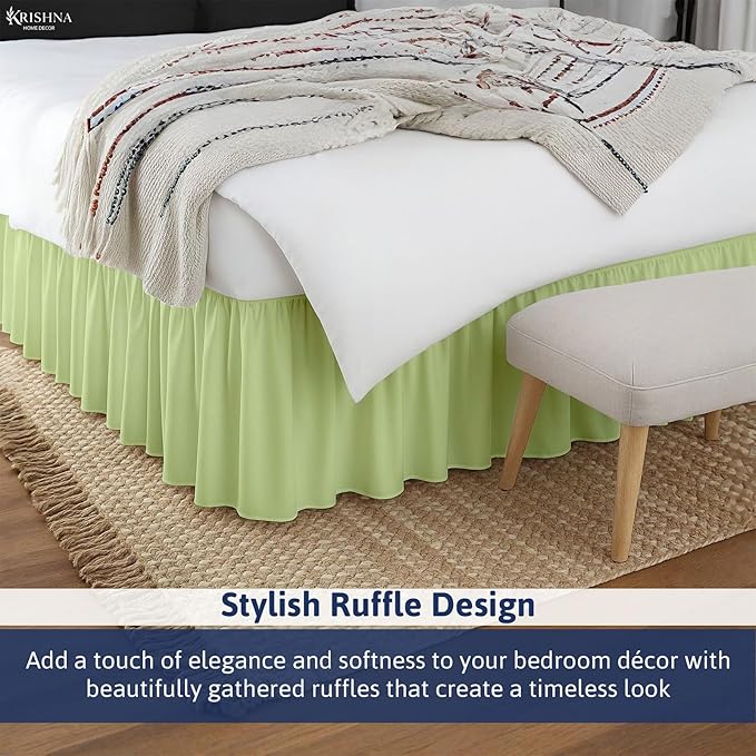 KRISHNA Ruffled Bed Skirt with Split Corners Full, 100% Microfiber Hotel Quality, 21 Inch Drop Dust Ruffle Gathered Bedskirt with Platform, 54" x 75", Sage