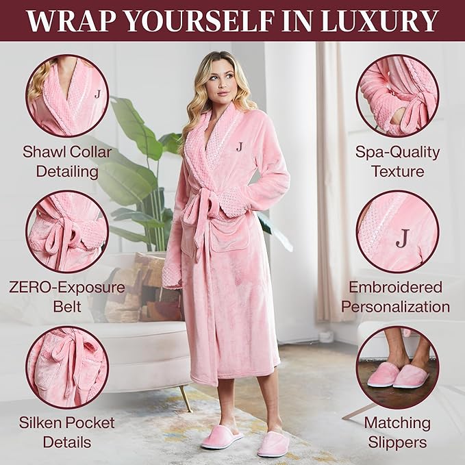 Lotus Linen Plush Robes for Women - Soft Bathrobe, Custom Monogram, Warm Fleece Robe with Pockets