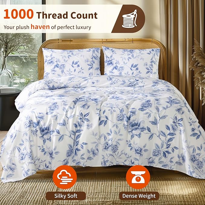 LBRO2M 1000 Thread Count Sheets 100% Egyptian Cotton Bedding Set Floral Queen Size Sheets 16 Inches Deep Pocket Bedding 4 Piece Sets (Queen, Field Flower)