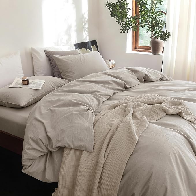 FOSSA Duvet Cover Set 100% Washed Cotton Linen Feel Super Soft Breathable Cozy 3 Pieces Bedding Sets Solid Cream Grey King
