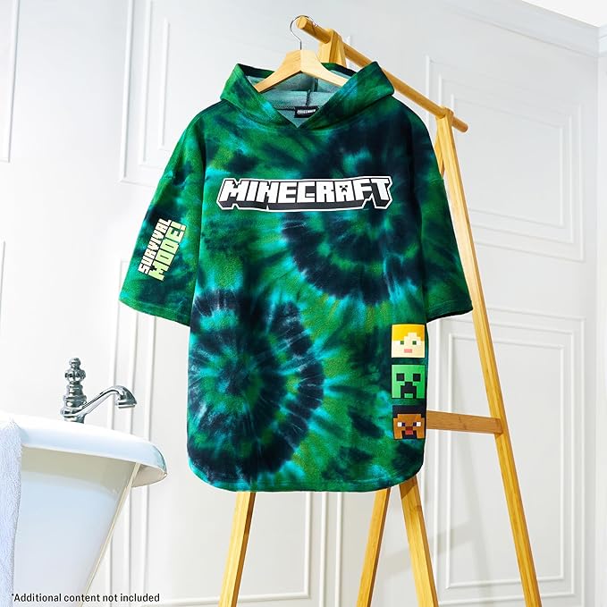 Minecraft Towelling Poncho Kids Teens Hooded Bath Towels Absorbent Beach Towel (Multi Tie Dye, 6-9 Years)