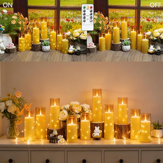 Flameless LED Candles with Timer 24 Pc Flickering Flameless Candles for Romantic Ambiance and Home Decoration Stable Acrylic Shell,with Embedded Star String，Battery Operated Candles(Gold)
