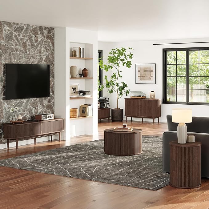LINSY HOME Sideboard Buffet Cabinet with Storage, 55" Fluted Coffee Bar Cabinet with Tambour Sliding Doors and Drawer, Mid Century Modern Wood Storage Buffet Table for Kitchen, Living Room, Walnut | with Storage, Fluted, Coffee Bar Cabinet, Drawer, Mid...