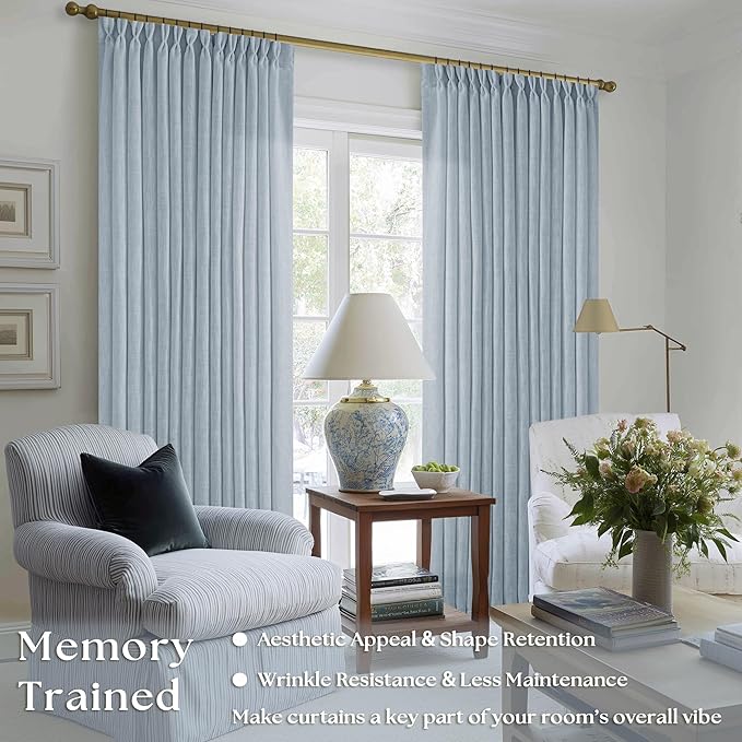 Dusty Blue Linen Pinch Pleated Curtains 108 Inches Long 2 Panels for Living Room Bedroom Light Filtering Drapes 108 Inch Length Sky Grey Blue Semi Sheer Memory Shape Trained Ceiling Floor Curtain