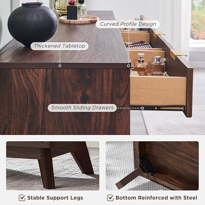 T4TREAM Fluted 9 Drawers Dresser, 54" Wide Modern Chest of Drawers, Curved Profile Design, Dresser TV Stand, Wood Drawer Organizer for Bedroom, Living Room, Hallway, Dark Walnut