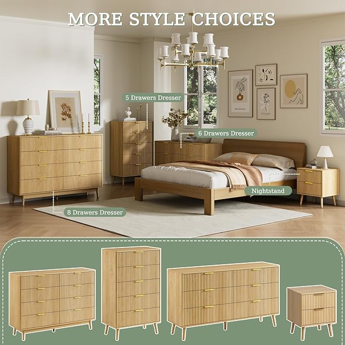 LYNSOM Fluted Dresser and Nightstand Sets 3 Piece, 8-Drawers Dresser and 1-Drawer Nightstands Set of 2, Wood Bedroom Furniture Set for Home, Bedroom, Hallway, Oak